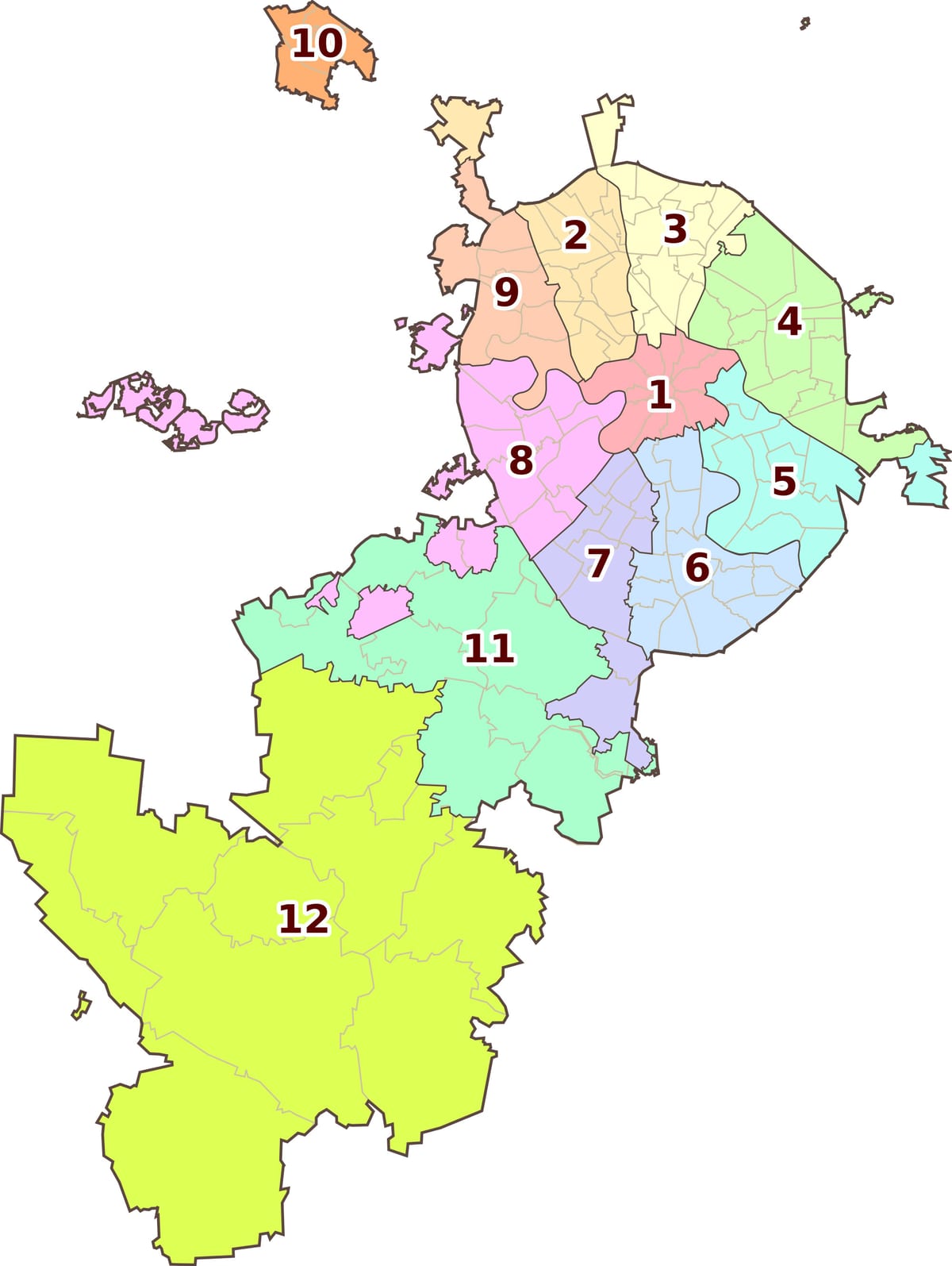 莫斯科街区、区和行政区地图