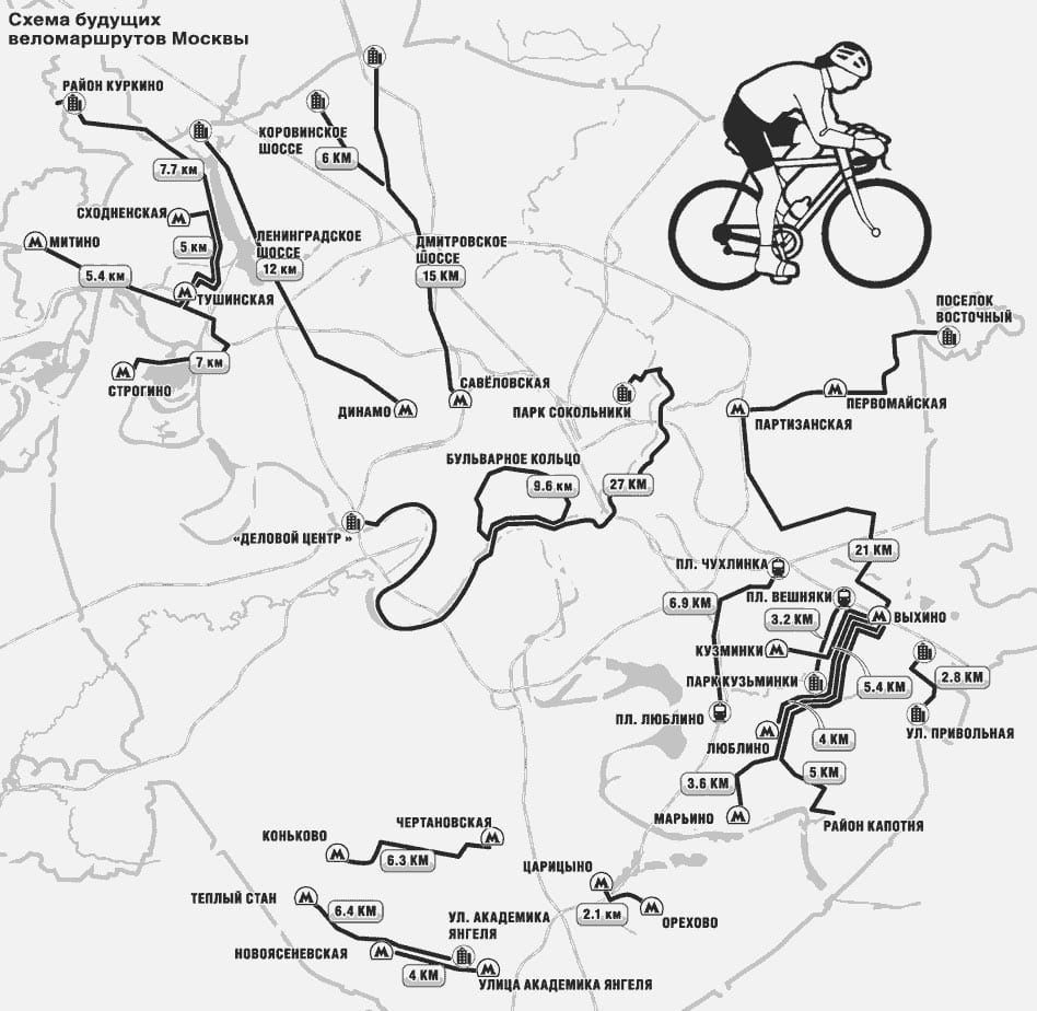 莫斯科骑行路线、自行车道和自行车专用道地图
